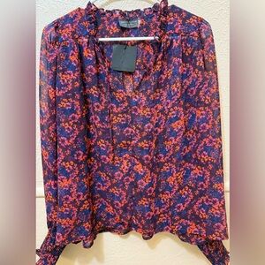 Dress Forum Floral Smocked Cuff Long Sleeve V-Neck Blouse Size S